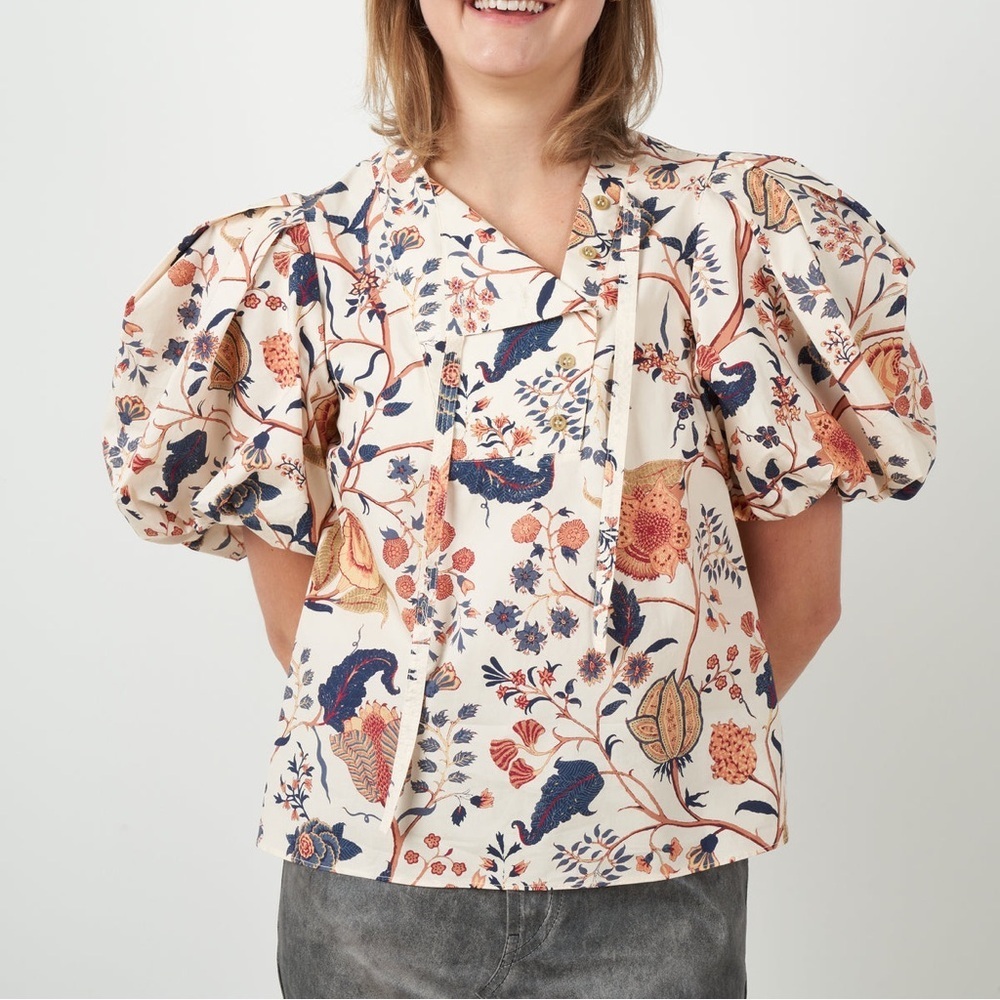 Ulla Johnson Cream Floral Puff-Sleeve Blouse with Navy and Rust Motif